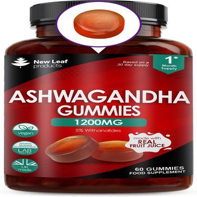 Ashwagandha Gummies 1200mg  High Strength 5% Withanolides - Real Fruit Juice, No Artificial Colours or Flavours  Pure Ashwagandha Root Extract, 60 Vegan Gummys, Gluten Free, UK Made by New Leaf