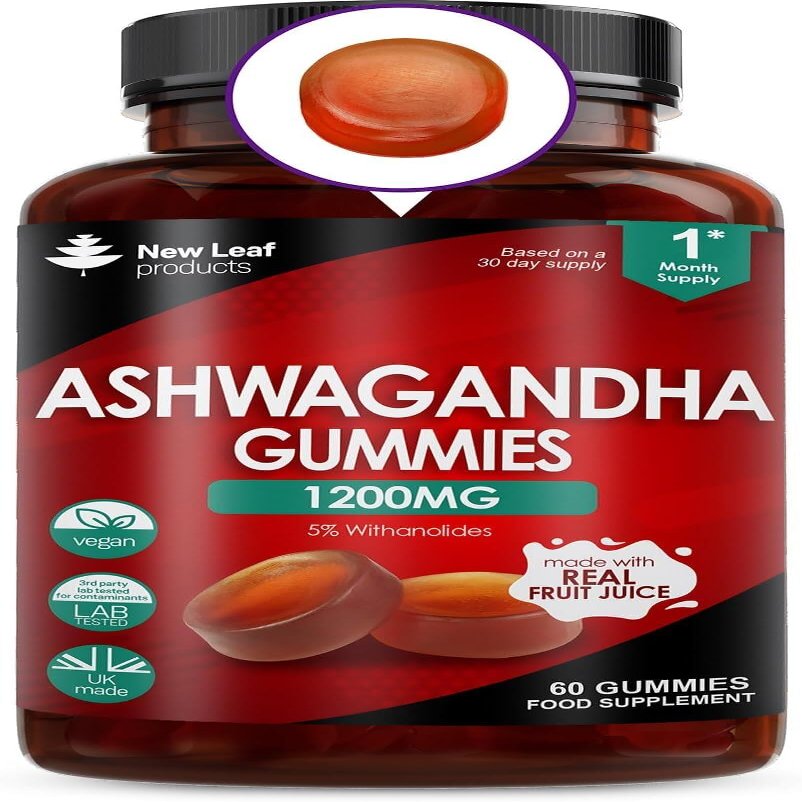 Ashwagandha Gummies 1200mg  High Strength 5% Withanolides - Real Fruit Juice, No Artificial Colours or Flavours  Pure Ashwagandha Root Extract, 60 Vegan Gummys, Gluten Free, UK Made by New Leaf