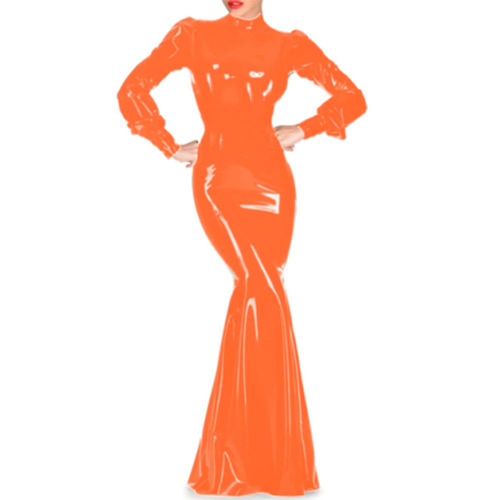 Women Long Dress Party Dress Long Sleeve Faux Leather PVC Nightclub Party Clubwear,Orange,XS