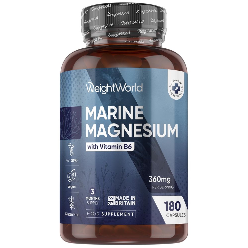 Weightworld Marine Magnesium with Vitamin B6 | 180 Vegan Capsules | 360mg per Serving | 3 Months Supply | Gluten-Free, Non-GMO & GMP-Approved | Magnesium Supplements | Made in The UK