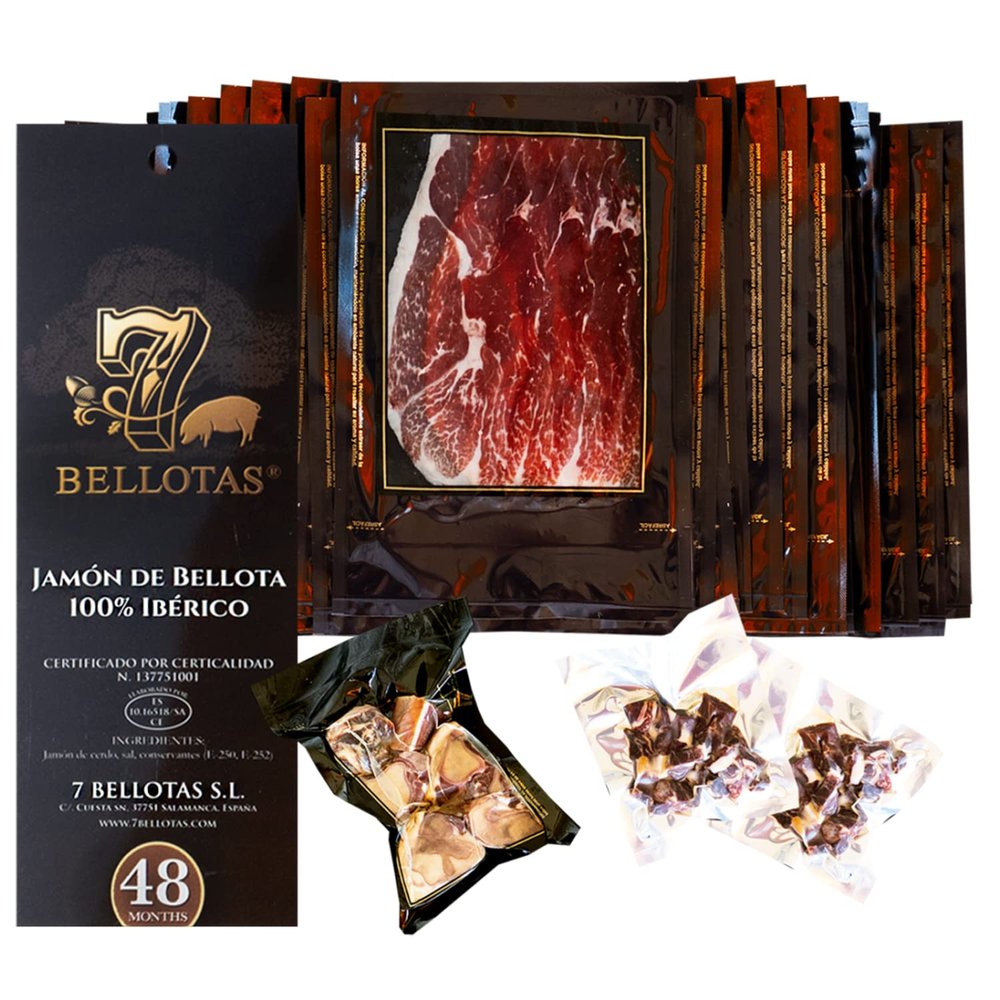 7 BELLOTAS 100% Iberico Ham | Made From Acorn Fed Iberico Pigs and Natural Curation Process | Spanish Jamon Pata Negra | Jamon Iberico Bellota | 48 Months (Sliced 30 X 100 gr.)