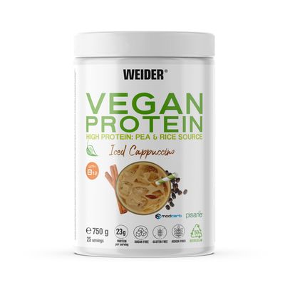 Weider Vegan Protein (750g) Iced Cappuccino Flavour. 23g Protein/dose, Pea Isolate (Pisane) & Rice Protein. with Vitamin B12 & Stevia. Gluten Free, Sugar Free. Packaging 50% Recycled 100% Recyclable