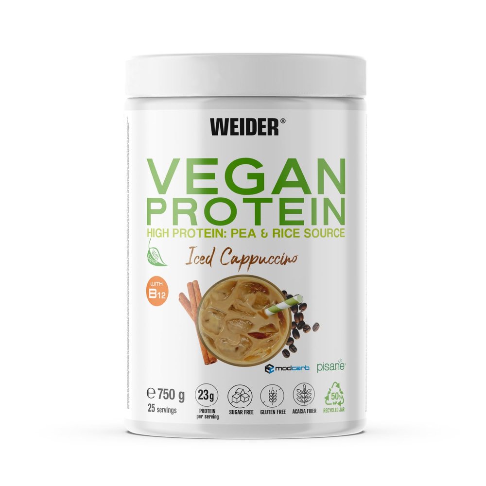 Weider Vegan Protein (750g) Iced Cappuccino Flavour. 23g Protein/dose, Pea Isolate (Pisane) & Rice Protein. with Vitamin B12 & Stevia. Gluten Free, Sugar Free. Packaging 50% Recycled 100% Recyclable