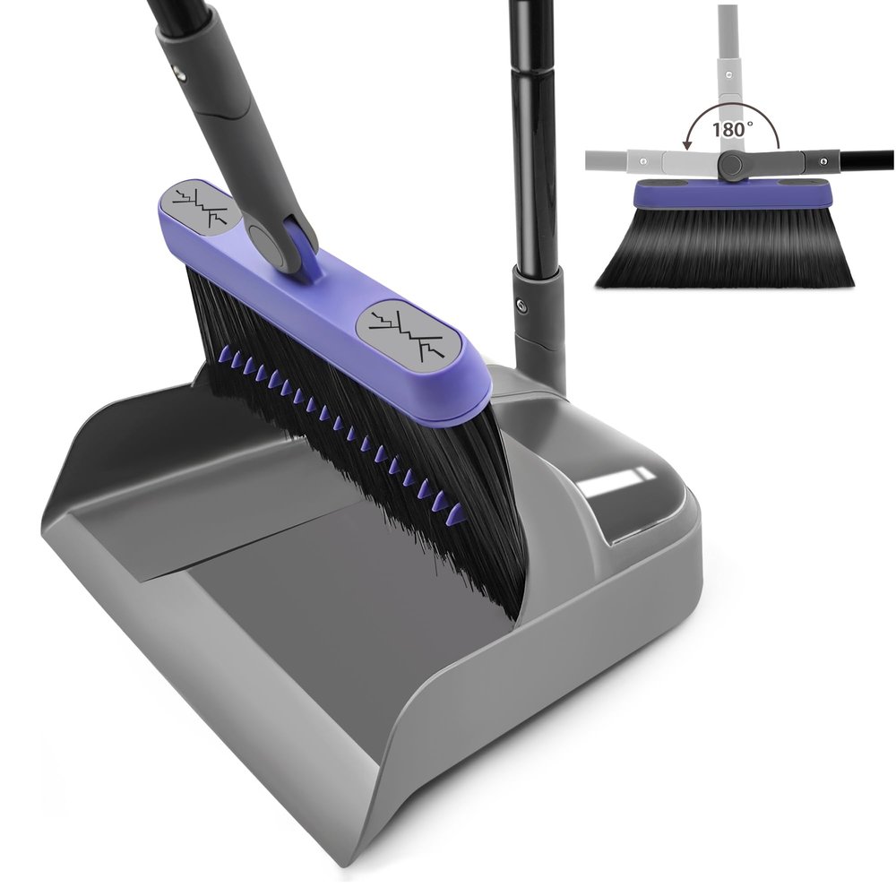 ZUBULUN Long Handled Dustpan and Brush Set, 138CM Tall Swivel Sweeping Broom and Dust Pan for Kitchen Indoor Outdoor Garden Lobby Office (Gray Purple), Gray and Purple