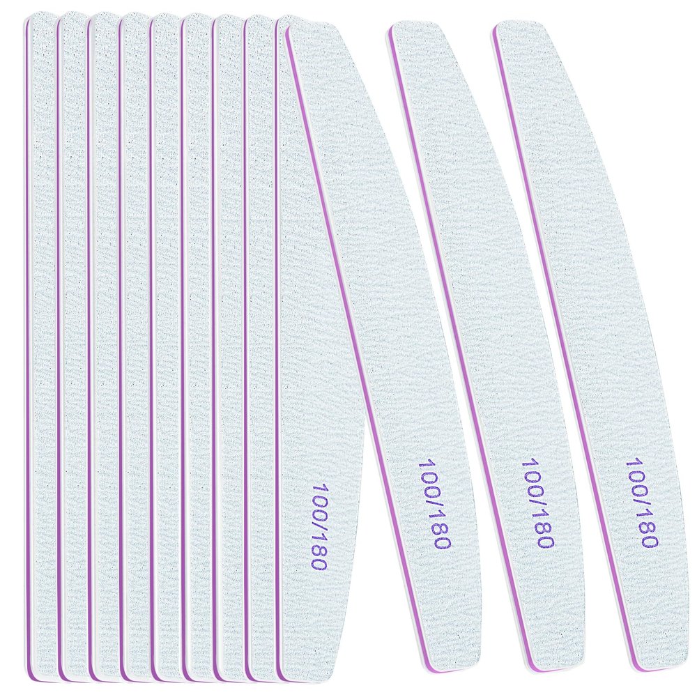 12 PCS Professional Nail Files 100/180 Grit, Four of Each, Nail Buffer Files Double Sided Emery Board Manicure Tools for Home and Salon (White)