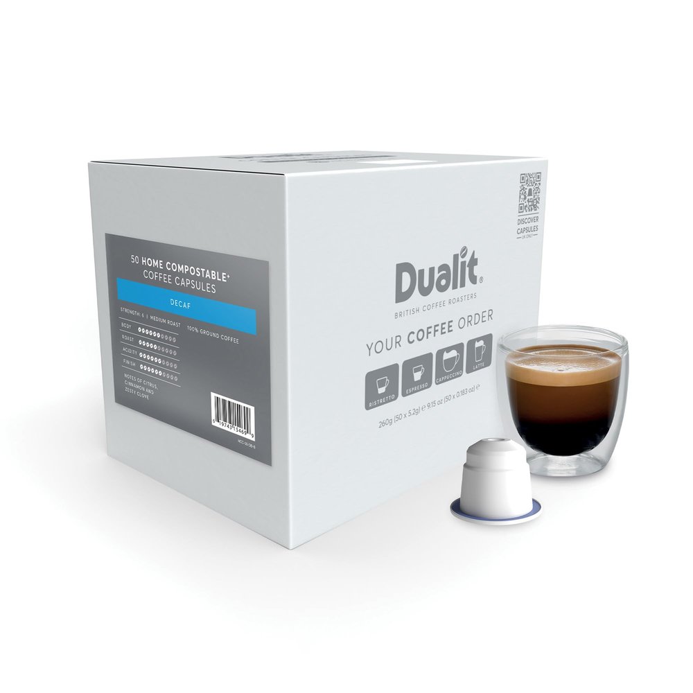 Decaf Home Compostable Coffee Capsules by Dualit - Compatible With Nespresso - 50 Servings - 5 X 10 Pk of Premium Eco Friendly Fairtrade Coffee Pods - 100% Home Compostable Capsules