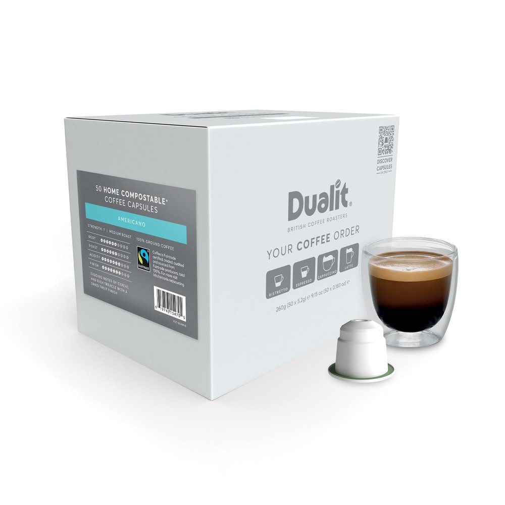 Americano Home Compostable Coffee Capsules by Dualit - Compatible With Nespresso - 50 Servings - 5 X 10 Pk of Premium Eco Friendly Fairtrade Coffee Pods - 100% Home Compostable Capsules
