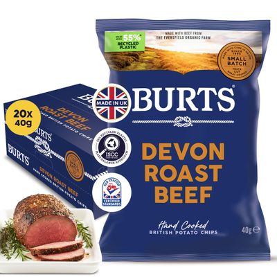 Burts Devon Roast Beef Hand Cooked Chips  20 x 40 g Multipack  Gluten Free Crisps, Hydrogenated Fat Free, Potato Crisps  Beef Crisps Snacks