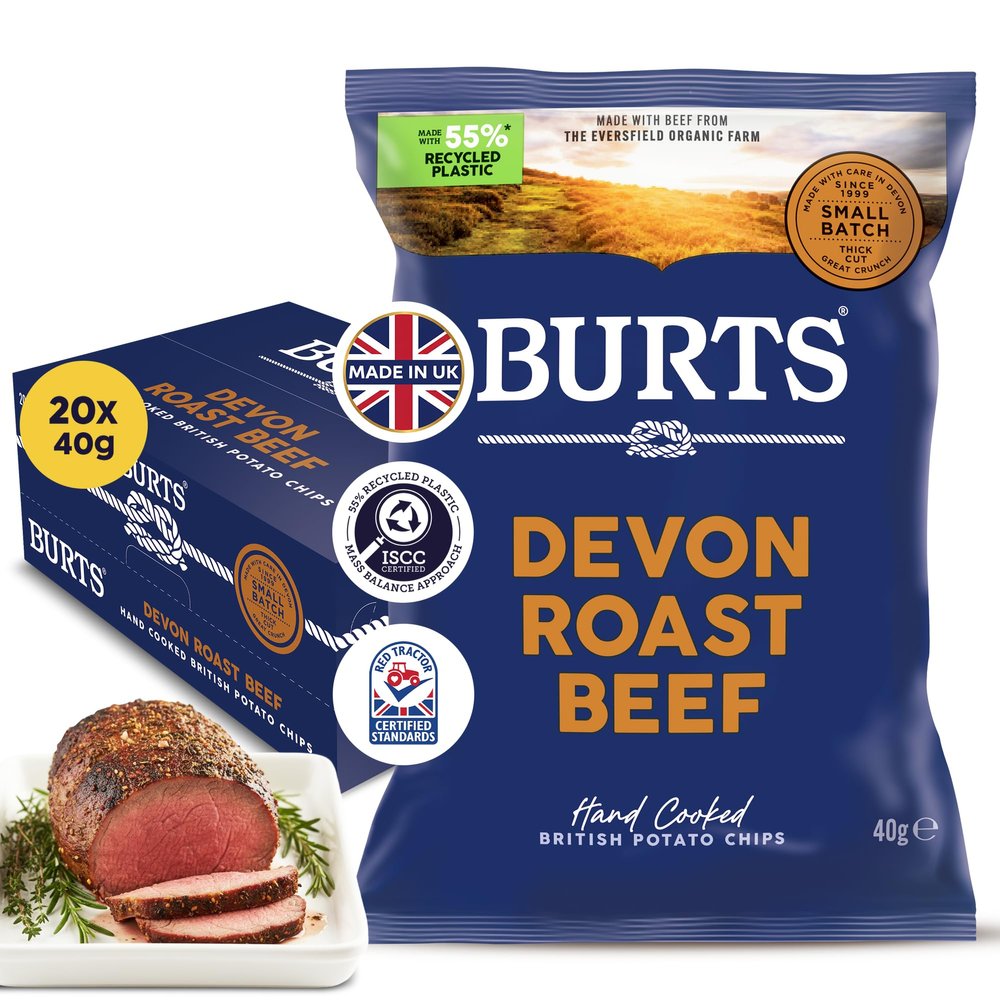 Burts Devon Roast Beef Hand Cooked Chips 20 x 40 g Multipack Gluten Free Crisps, Hydrogenated Fat Free, Potato Crisps Beef Crisps Snacks