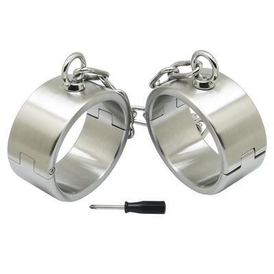 ACECHANNEL Heavy Duty Brushed Stainless Steel Lockable Slave Wrist Ankle Cuffs Fetish wear BDSM Jewelry (85MM X 75MM)