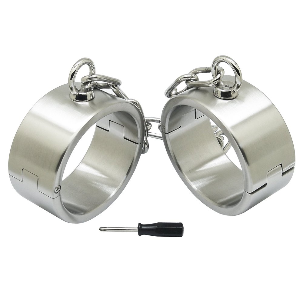ACECHANNEL Heavy Duty Brushed Stainless Steel Lockable Slave Wrist Ankle Cuffs Fetish wear BDSM Jewelry (85MM X 75MM)