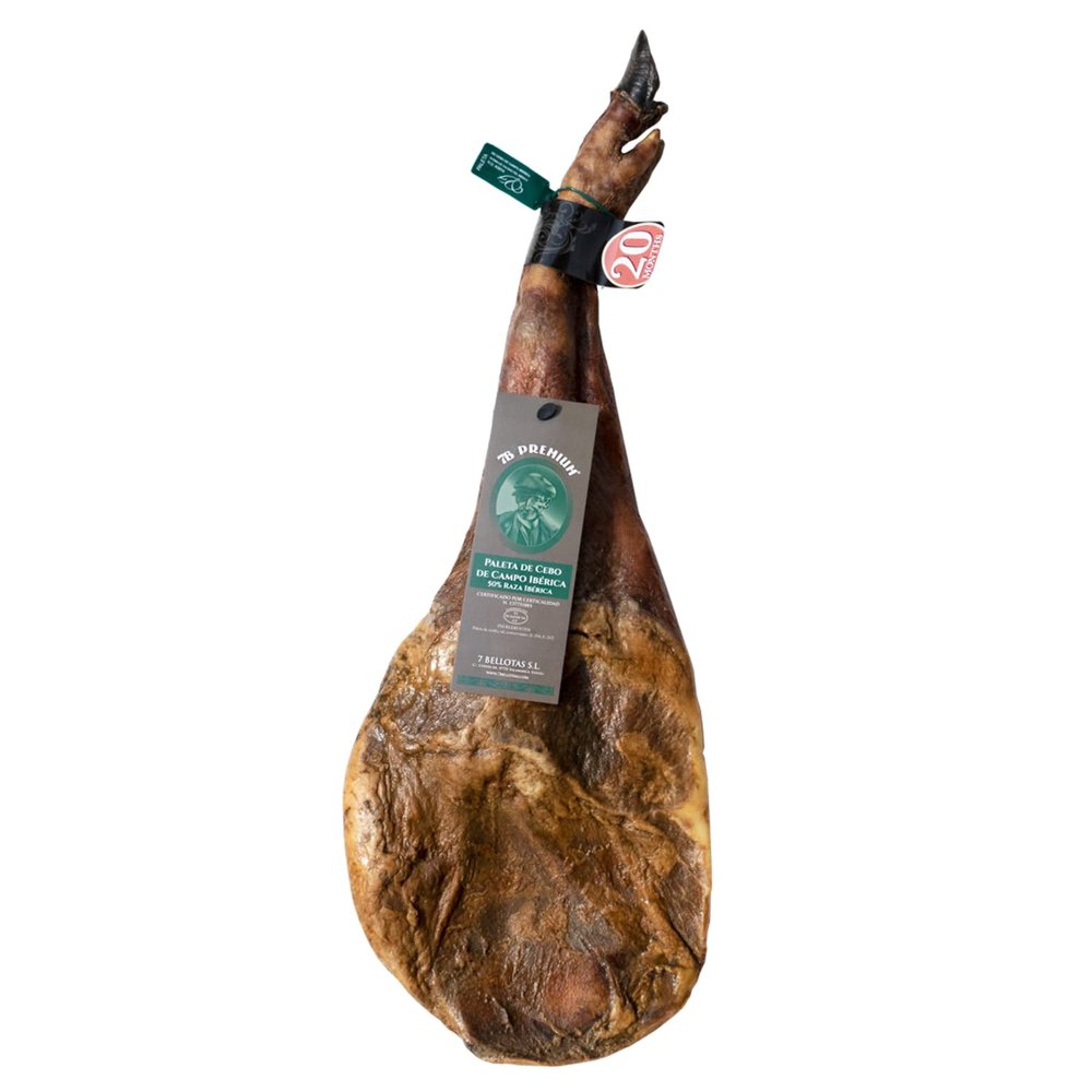 7 BELLOTAS 50% Iberian Race Shoulder Ham | Made From Free range Iberico Pigs | Spanish Jamon Iberico Pata Negra | 20 Months Natural Curation (Bone-in + 6 Kg.)