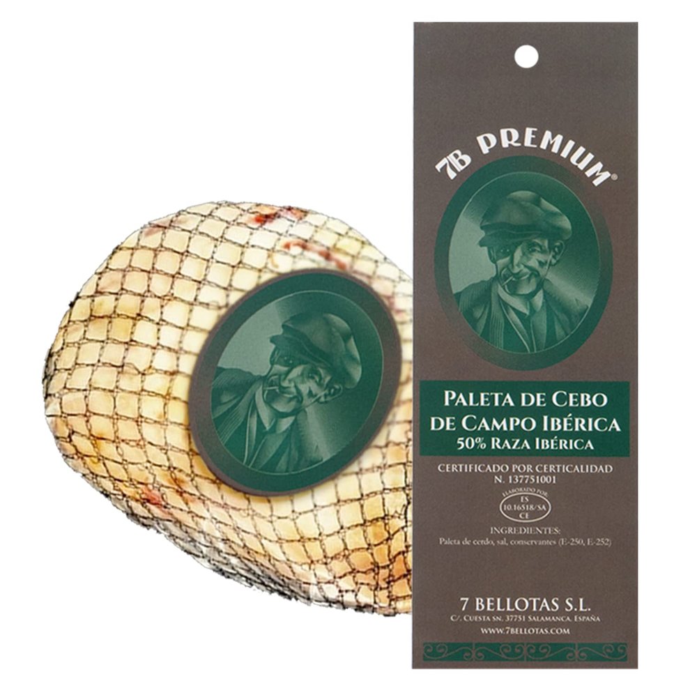 7 BELLOTAS 50% Iberian Race Shoulder Ham | Made From Free range Iberico Pigs | Spanish Jamon Iberico Pata Negra | 20 Months Natural Curation (Boneless + 2,2 Kg.)