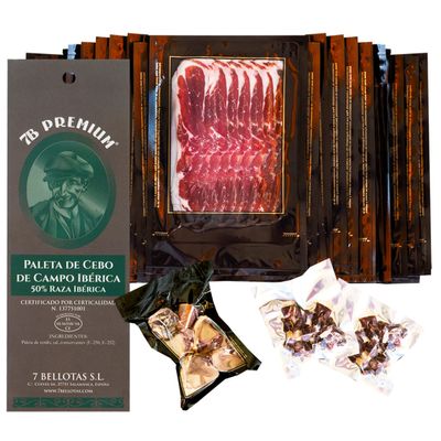 7 BELLOTAS 50% Iberian Race Shoulder Ham | Made From Free range Iberico Pigs | Spanish Jamon Iberico Pata Negra | 20 Months Natural Curation Process (Sliced 20 X 100 gr.)