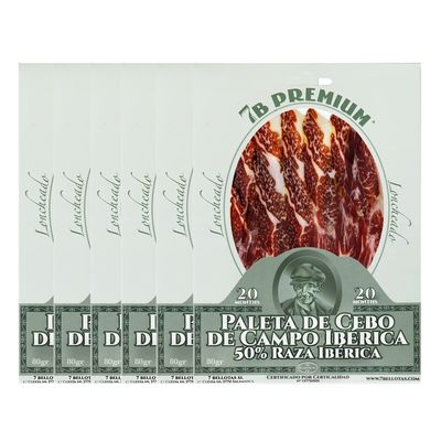 7 BELLOTAS 50% Iberian Race Shoulder Ham | Made From Free Range Iberico Pigs | Spanish Jamon Iberico Pata Negra | Paleta Cebo de Campo Iberico (Sliced 6X80 gr.)