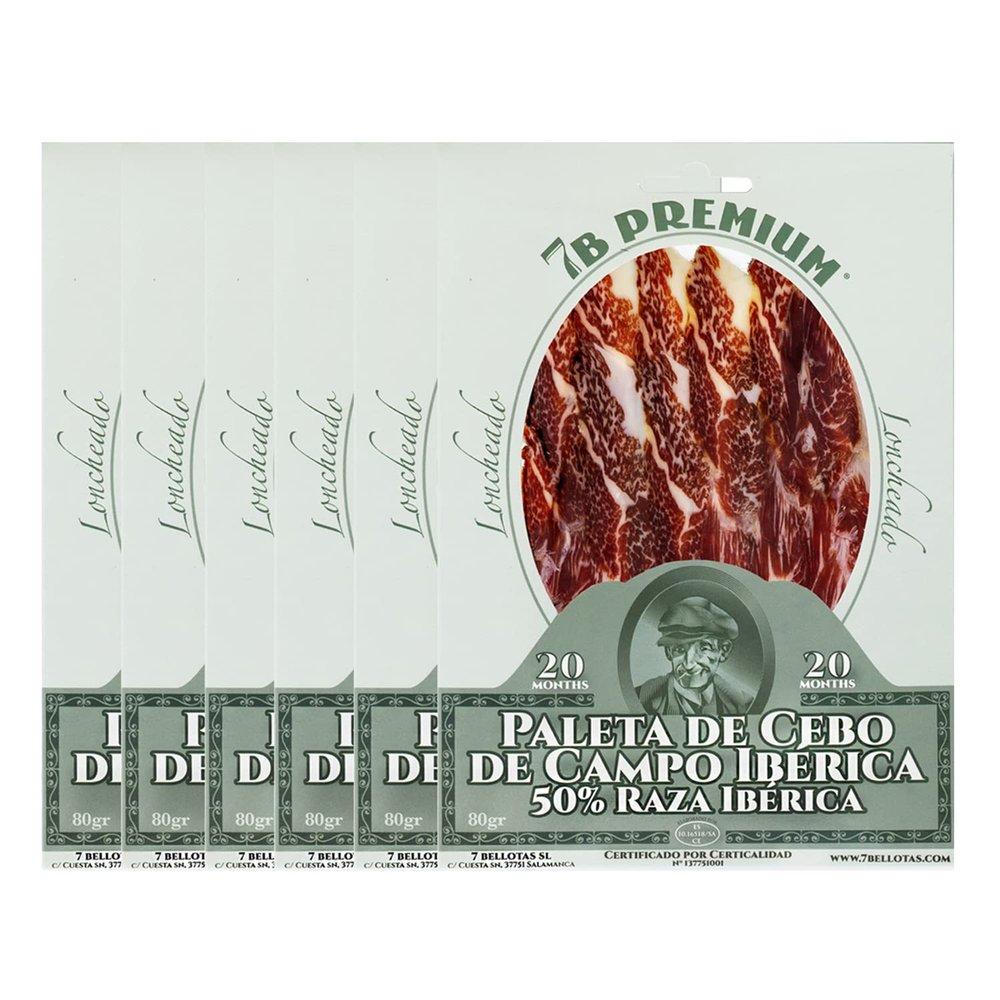 7 BELLOTAS 50% Iberian Race Shoulder Ham | Made From Free Range Iberico Pigs | Spanish Jamon Iberico Pata Negra | Paleta Cebo de Campo Iberico (Sliced 6X80 gr.)
