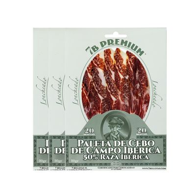 7 BELLOTAS 50% Iberian Race Shoulder Ham | Made from Free Range Iberico Pigs | Spanish Jamon Iberico Pata Negra | 20 Months Natural Curation (Sliced 3 X 80 gr.)