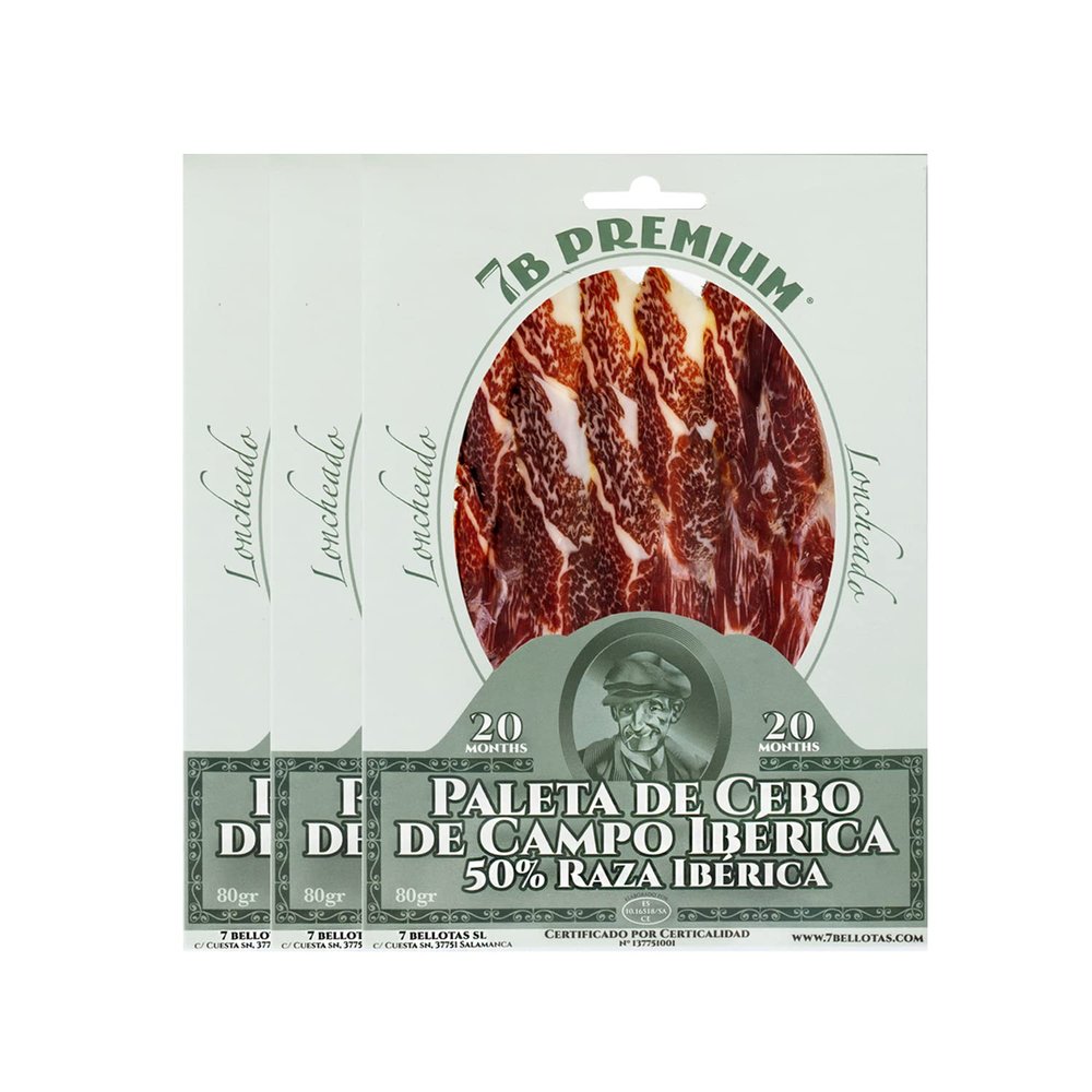 7 BELLOTAS 50% Iberian Race Shoulder Ham | Made from Free Range Iberico Pigs | Spanish Jamon Iberico Pata Negra | 20 Months Natural Curation (Sliced 3 X 80 gr.)