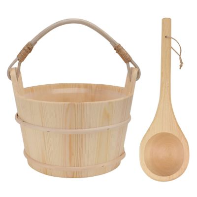 Cabilock Wooden Sauna Bucket and Spoon Set for Home and Spa Use, White Pine Material with Plastic Liner and Rope Handle, Practical Sauna Accessories for Water Pouring and Steam Bathing
