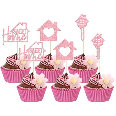 Gyufise 24 Pack Sweet Home Cupcake Toppers Glitter key Housewarming Cupcake Picks for Welcome New Home Theme Party Cake Decorations Supplies Pink