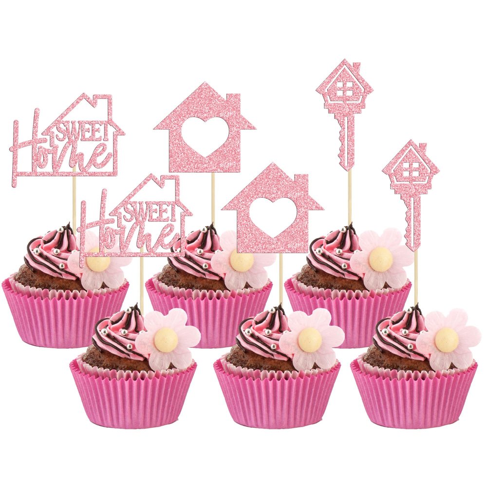 Gyufise 24 Pack Sweet Home Cupcake Toppers Glitter key Housewarming Cupcake Picks for Welcome New Home Theme Party Cake Decorations Supplies Pink