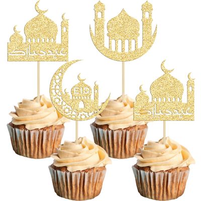 24 Pack Eid Mubarak Cupcake Toppers Glitter Star Ramadan Kareem Cupcake Pick Moon Star Eid Islamic Muslim Theme Party Cake Decoration Supplies Gold