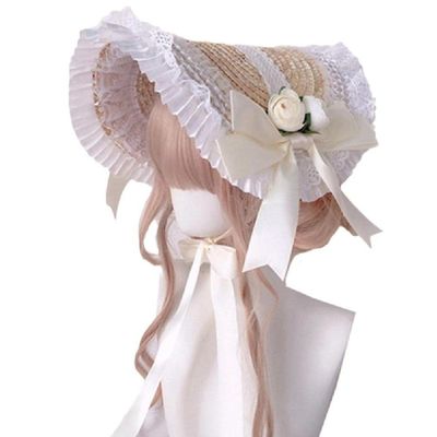 UNFAIRZQ Women Flower Straw Hat with Chin Strap Ruffle Lace for Sun Hats Tea Party Headwear Vintage Victorian Ribbon for S Tea Party Sun hat lace Summer Flat hat