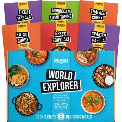 Spicentice World Food Explorer Recipe & Spice Gift Set - 6 Pack, 100% Natural - Japanese Katsu Curry, Spanish Paella, Thai Red Curry, Greek Souvlaki, Moroccan Tagine & Indian Tikka Masala