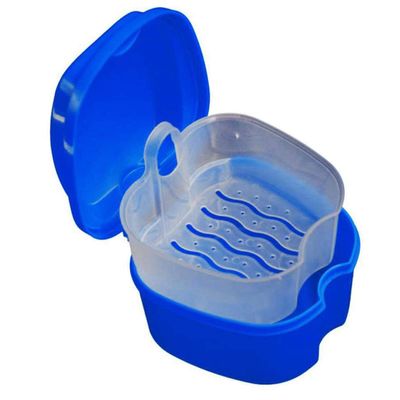Menmamenma Retainer Case Denture Bath Box Easy Clean with Strainer Basket Portable False Teeth Storage Mouth Guard Denture Holder for Travel Retainer Soaking Cleaning (Dark Blue)