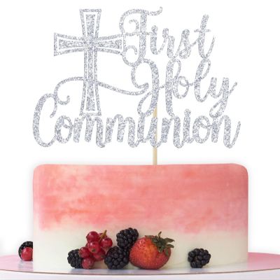 First Holy Communion Cake Topper, Spanish Bapstim, First Communion Decoration, Wedding Christening Baby Shower 1st Birthday Party Decorations Silver Glitter