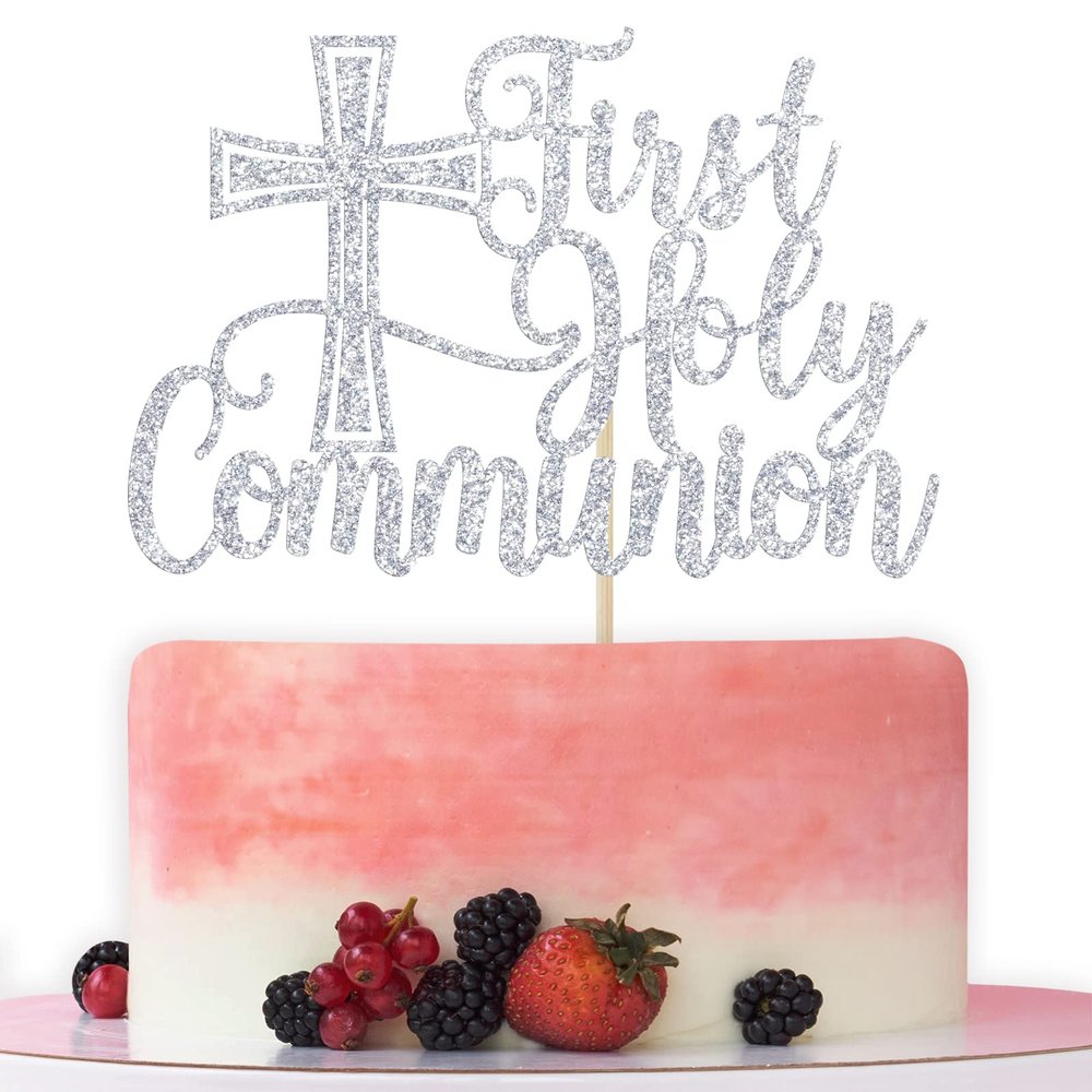 First Holy Communion Cake Topper, Spanish Bapstim, First Communion Decoration, Wedding Christening Baby Shower 1st Birthday Party Decorations Silver Glitter