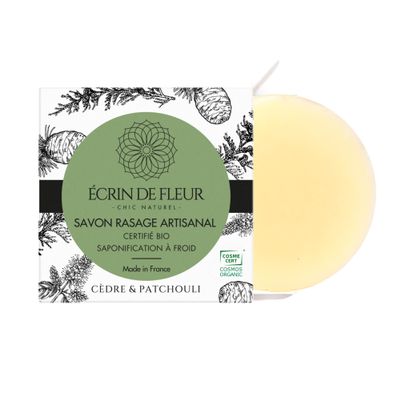 crin de Fleur Organic Shaving Soap for Men, Cedar & Patchouli, COSMOS Certified, Nature et Progrs, Handmade in France, 55g