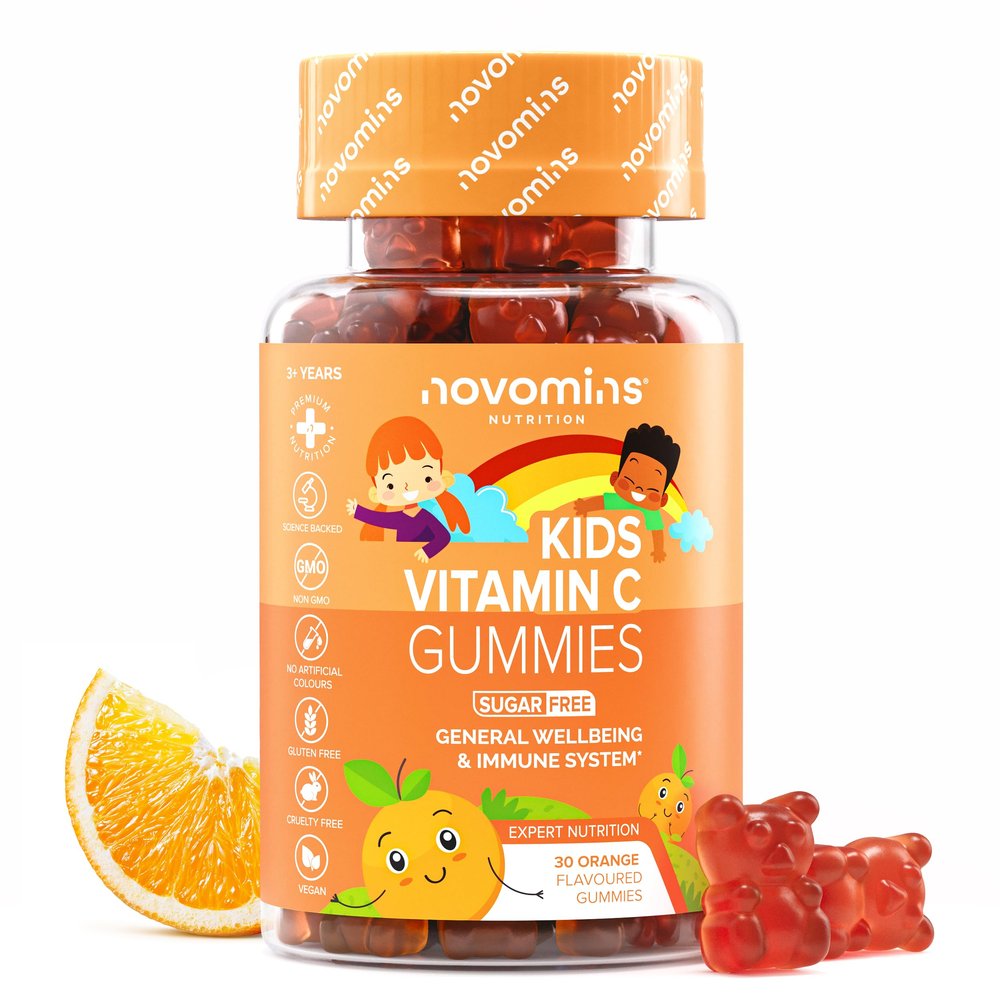 Vitamin C for Kids - Sugar-Free & Gluten-Free - 40mg Vitamin C, with Vitamin B6, B12 and Zinc - Vegan Kids Vitamins - Chewable Immune System Booster - 1 Month Supply - Novomins