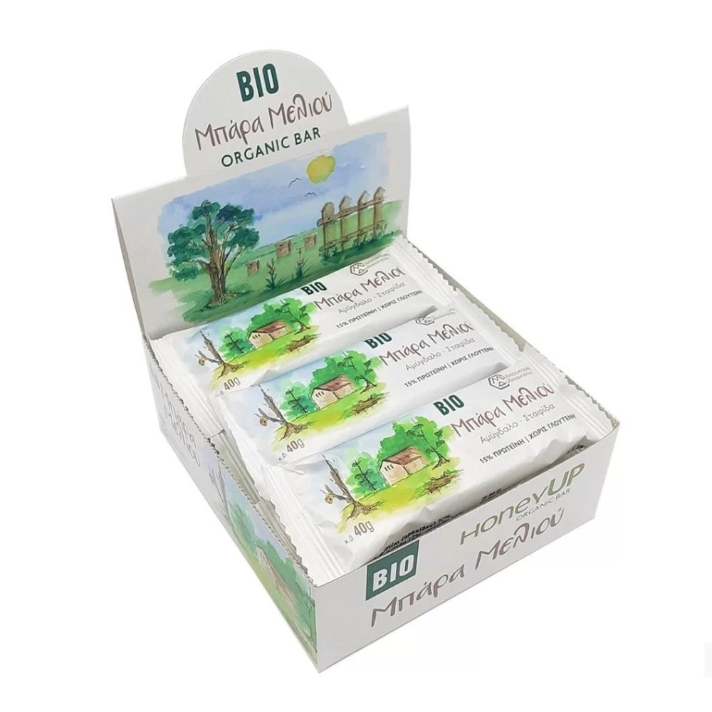 HoneyUP Organic Honey Bar with Almonds and Raisins 40g, Display Box with 9 Bars x 40 g (Total: 9 bars)