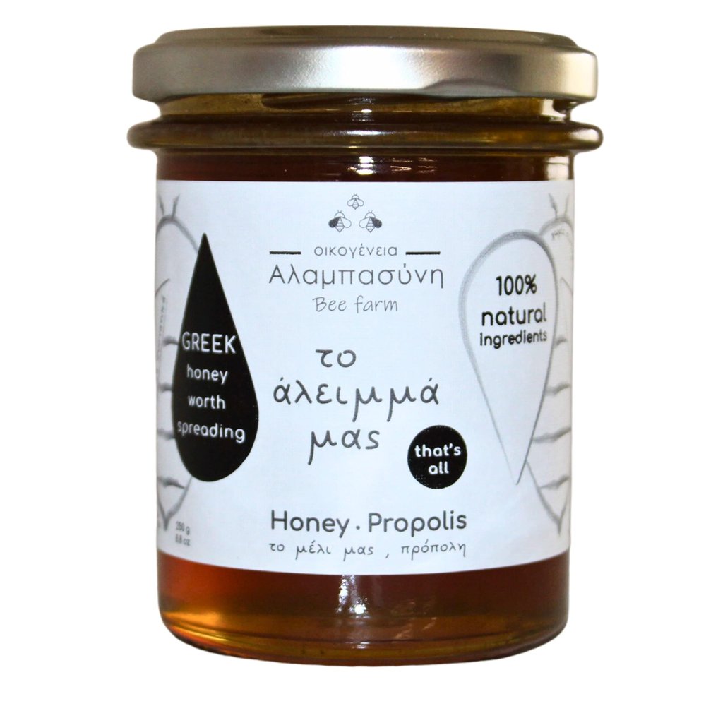 Alabasinis Greek Honey with Propolis  100% Natural Raw Honey with Antioxidant-Rich Propolis  Artisan Product - 250gr