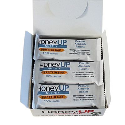 HoneyUP Nut Mix Protein Bar with Peanuts, Almonds and Raisins 40g, Display Box with 9 Bars x 40 g (Total: 9 bars)