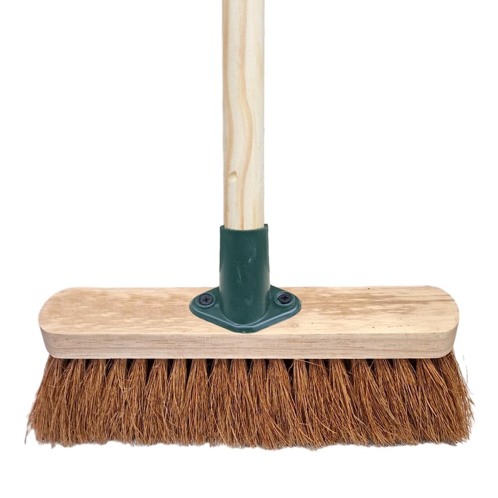 10 Soft Broom Natural Coco Bristles Cleaning Brush with Wooden Handle Durable Support Bracket Sweeping Brush Indoor for Cleaning Wooden Floor, Patios, Garage, Decking & Paving Slabs (Pack of 1)