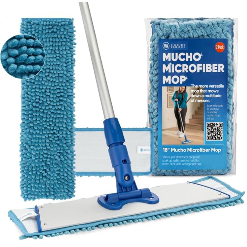 18" Mucho Mop Microfiber Mop System - Mops for Floor Cleaning - Hardwood Floor Mop for Tile, Laminate, Wood, Vinyl Floors | Washable Pads | Dry & Wet Mopping | Adjustable Handle