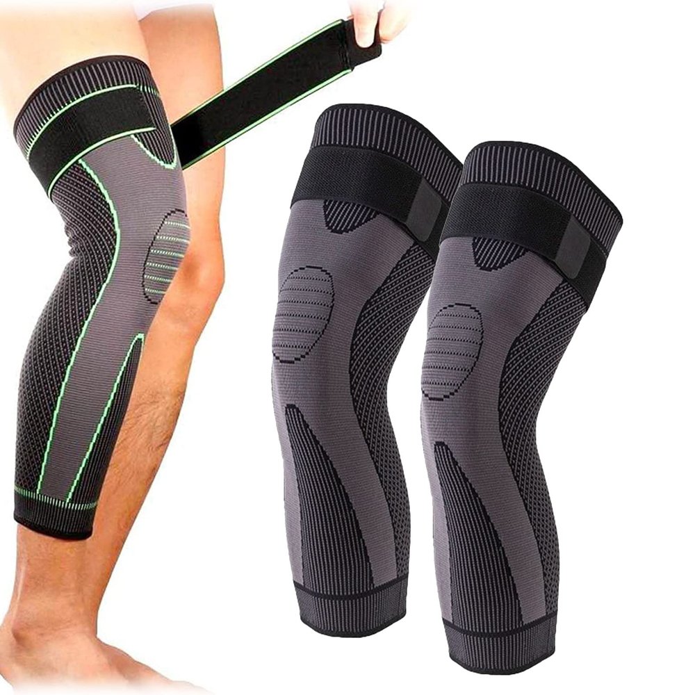 Athletikco Ultra Knee - Long Compression Sleeve, Long Compression Self Heating Sleeve with Straps, Tourmaline Acupressure Selfheating Knee Sleeve (L,Black)