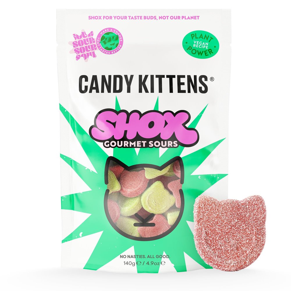 Candy Kittens Vegan Sweets Sour Shox Strawberry & Apple (140g Pack of 1) Plant-Based Vegetarian & Vegan Treats with Real Fruit Juice, Great for Pick & Mix or Gift Box, Ideal Snack for All
