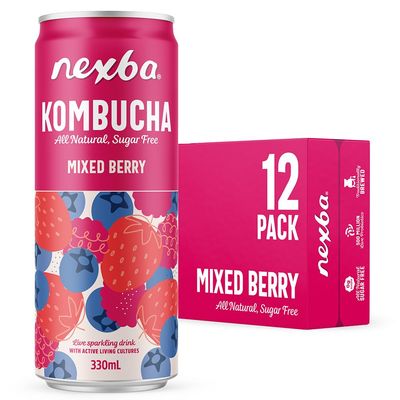 Nexba Mixed Berry Kombucha 330ml Slim Cans (Pack of 12)  All Natural, Sugar Free & Healthy Berry-Licious Gut Boost