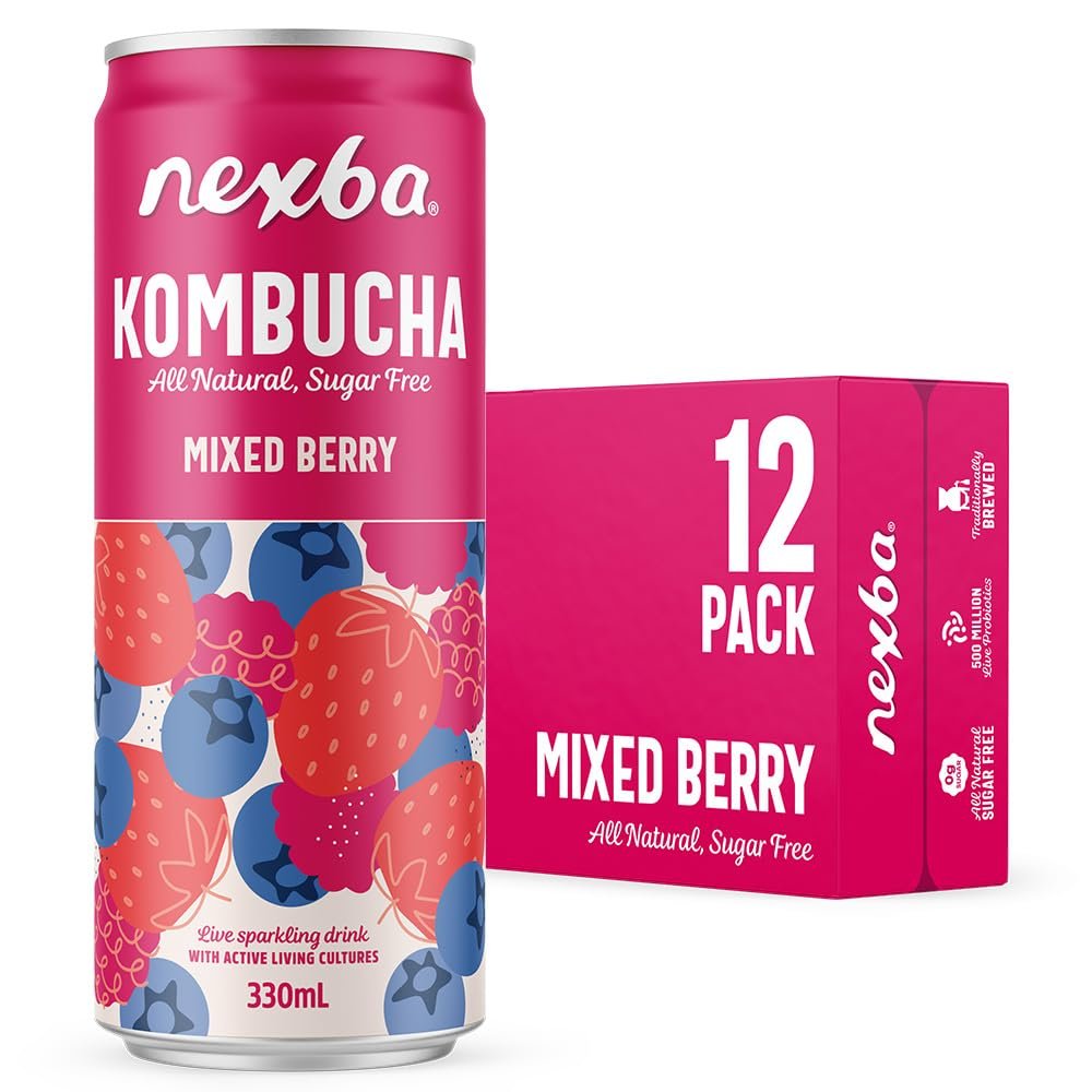 Nexba Mixed Berry Kombucha 330ml Slim Cans (Pack of 12)  All Natural, Sugar Free & Healthy Berry-Licious Gut Boost