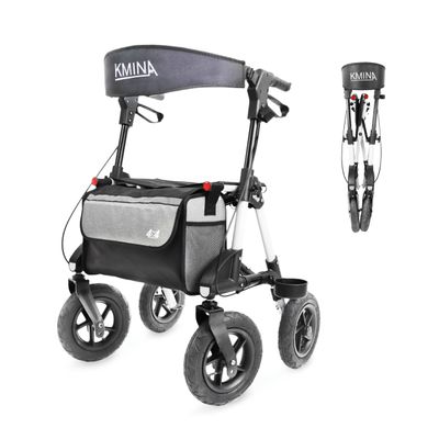 KMINA All Terrain Rollator Walker with Seat (Sturdy Frame), Large 10" Pneumatic Tires, Height Adjustable, Foldable with Basket