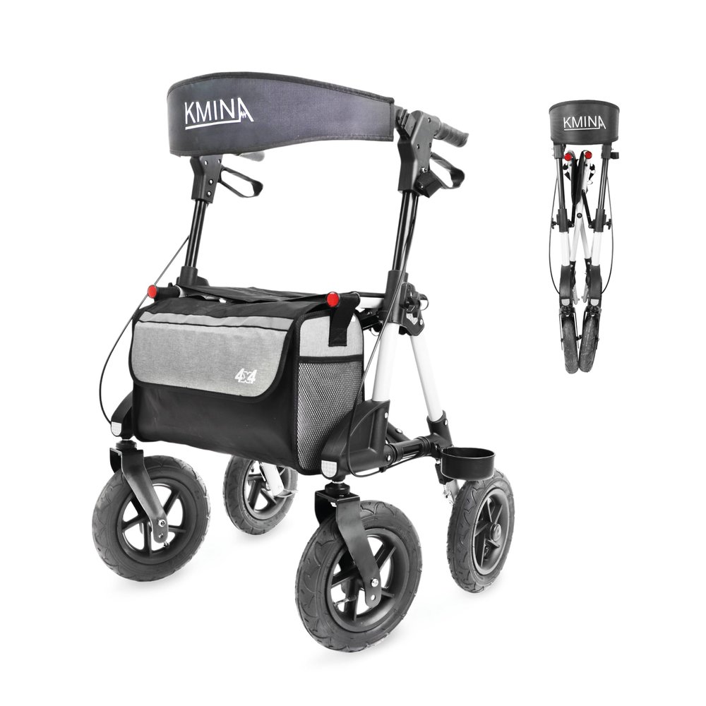 KMINA All Terrain Rollator Walker with Seat (Sturdy Frame), Large 10" Pneumatic Tires, Height Adjustable, Foldable with Basket