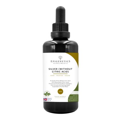 Silver 100ml (Without Citric Acid) | 8-12ppm Ionic Silver in Purified Water | Premium UV Protected Miron Violet Glass | UK Made Vegan Friendly Liquid