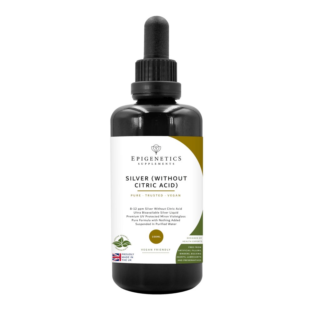 Silver 100ml (Without Citric Acid) | 8-12ppm Ionic Silver in Purified Water | Premium UV Protected Miron Violet Glass | UK Made Vegan Friendly Liquid