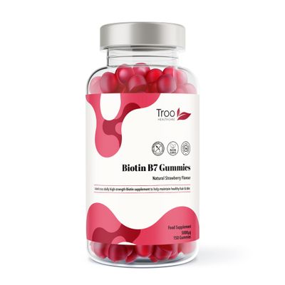 Troo Health Care Biotin 5000mcg Hair, Skin and Nail Growth Support Gummy Supplement - 150 Natural Strawberry Flavour Chewable Gummies - 5 Months Supply  Vegan Friendly  for Men and Women