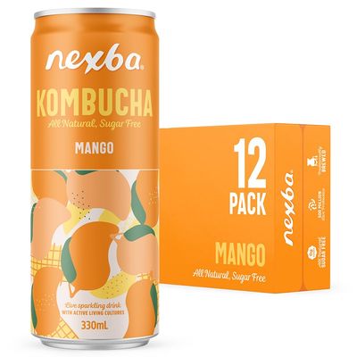 Nexba Mango Kombucha 330ml Slim Cans (Pack of 12)  All Natural, Sugar Free & Healthy Tropical Probiotic Drink