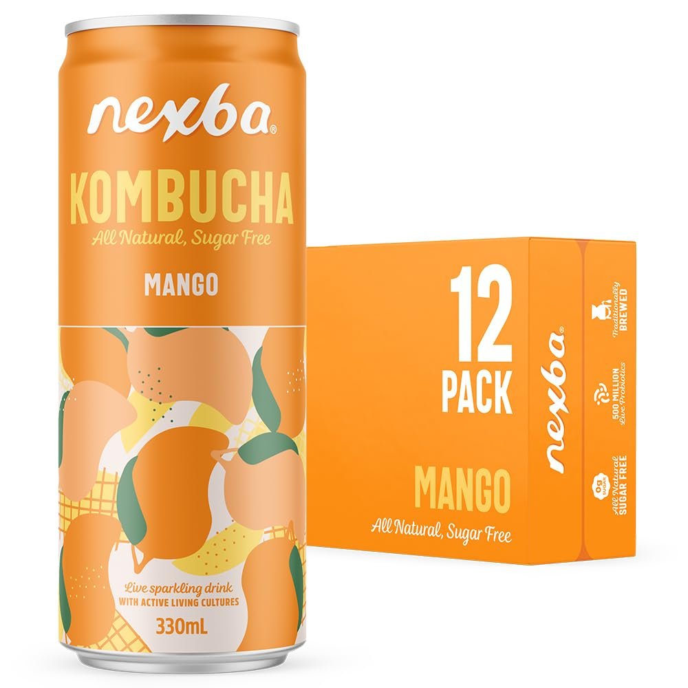 Nexba Mango Kombucha 330ml Slim Cans (Pack of 12)  All Natural, Sugar Free & Healthy Tropical Probiotic Drink