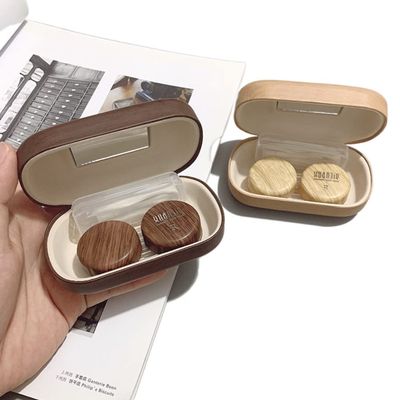 gofidin 2PCS Retro Leather Wood Grain Double Partner Cosmetic Contact Lens Box Large Diameter Leak-proof Storage Myopia Contact Lens Case